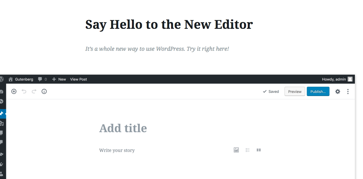 Screenshot of a WordPress editor interface. The screen displays a welcome message saying, "Say Hello to the New Editor" and invites users to try it. Below, there is a space to add a title and write a story, with various editing tools on the sidebar and header.