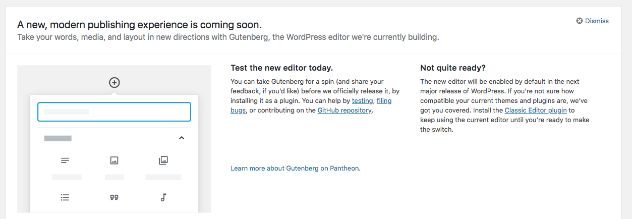 Screenshot of a WordPress webpage announcing the upcoming release of the Gutenberg editor. It encourages users to try the new editor or keep using the Classic Editor. The page explains how to test Gutenberg and provides links for more information and feedback.