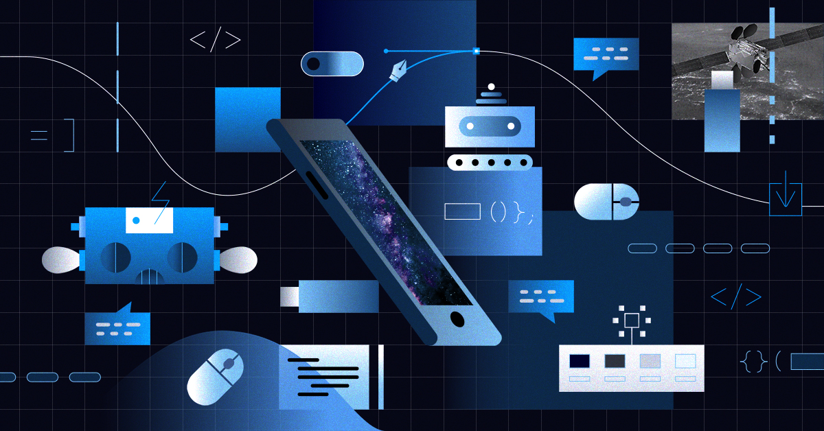 A digital illustration featuring various blue-toned tech icons and devices on a dark grid background. Elements include a smartphone, robots, programming code symbols, chat bubbles, a mouse, and a small satellite image. The theme centers around technology and communication.