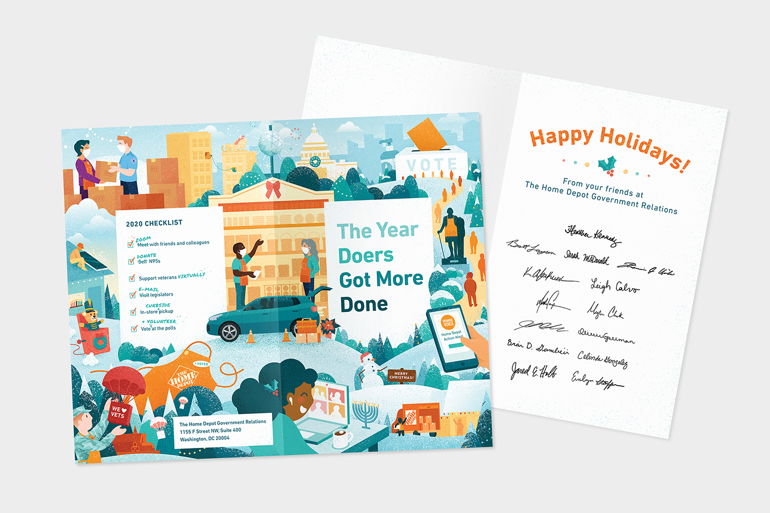 A holiday card from The Home Depot Government Relations. The card includes illustrated scenes of various activities and a checklist of 2023 accomplishments. The message "Happy Holidays!" is printed alongside signatures from the Government Relations team.
