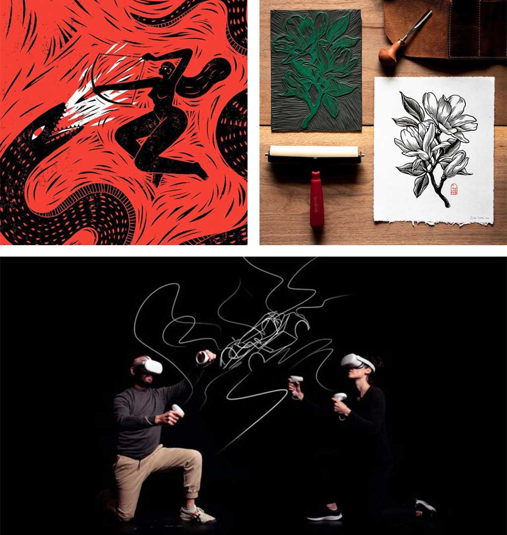 The image is divided into three sections. The top left section shows an abstract design with a figure running against a red and black background. The top right section depicts a printmaking setup with tools and a print of floral artwork. The bottom section shows two participants wearing VR headsets creating virtual art.