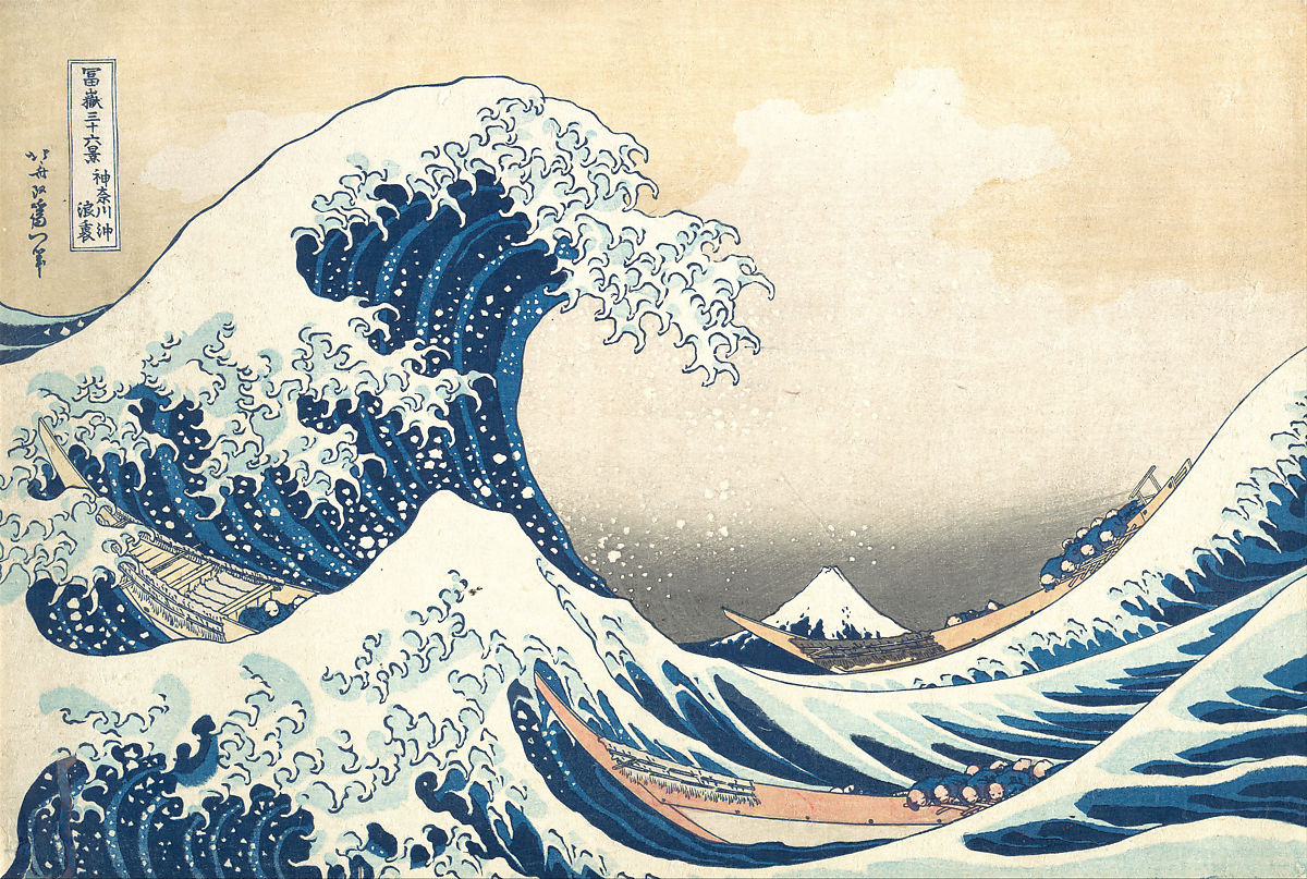 A famous ukiyo-e print showcasing a tumultuous sea with enormous waves, boats struggling against the powerful surf, and Mount Fuji in the background under a bright sky. The artwork is rich in blue and white, highlighting the dynamic movement of the water.