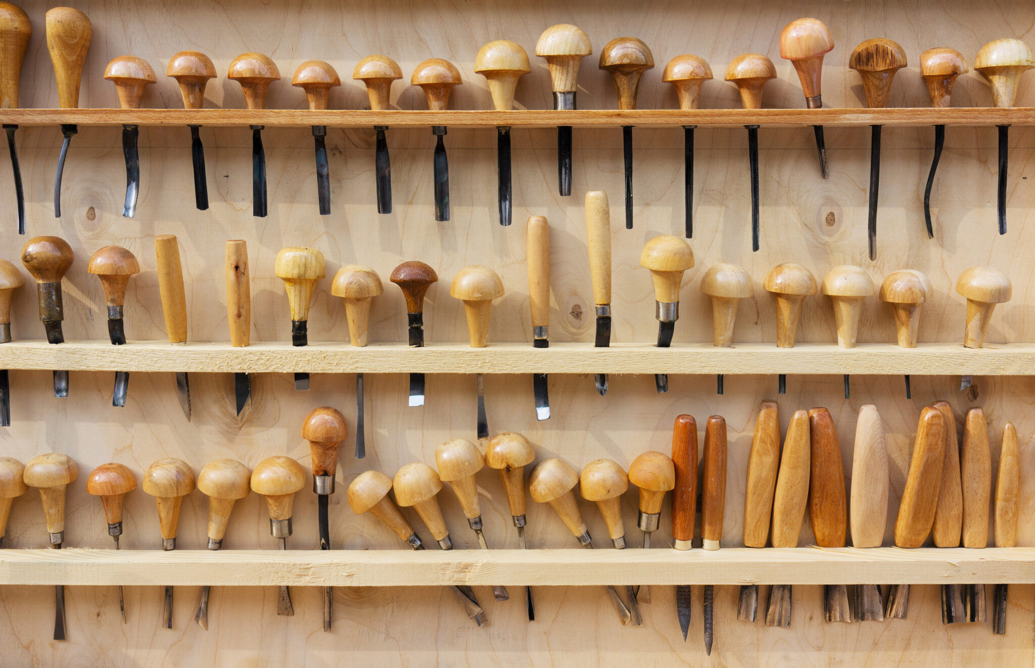 Woodworking tools neatly arranged on shelves against a wooden wall. Various chisels and carving tools with wooden handles are displayed in rows, showcasing different shapes and sizes of handles and blades.