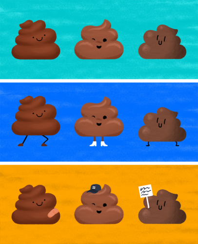 An illustrated image of nine smiling poop emojis on different colored backgrounds. The top row has blue, the middle row has a darker blue, and the bottom row has orange. Each poop emoji has varying facial expressions and some have legs, arms, or accessories.