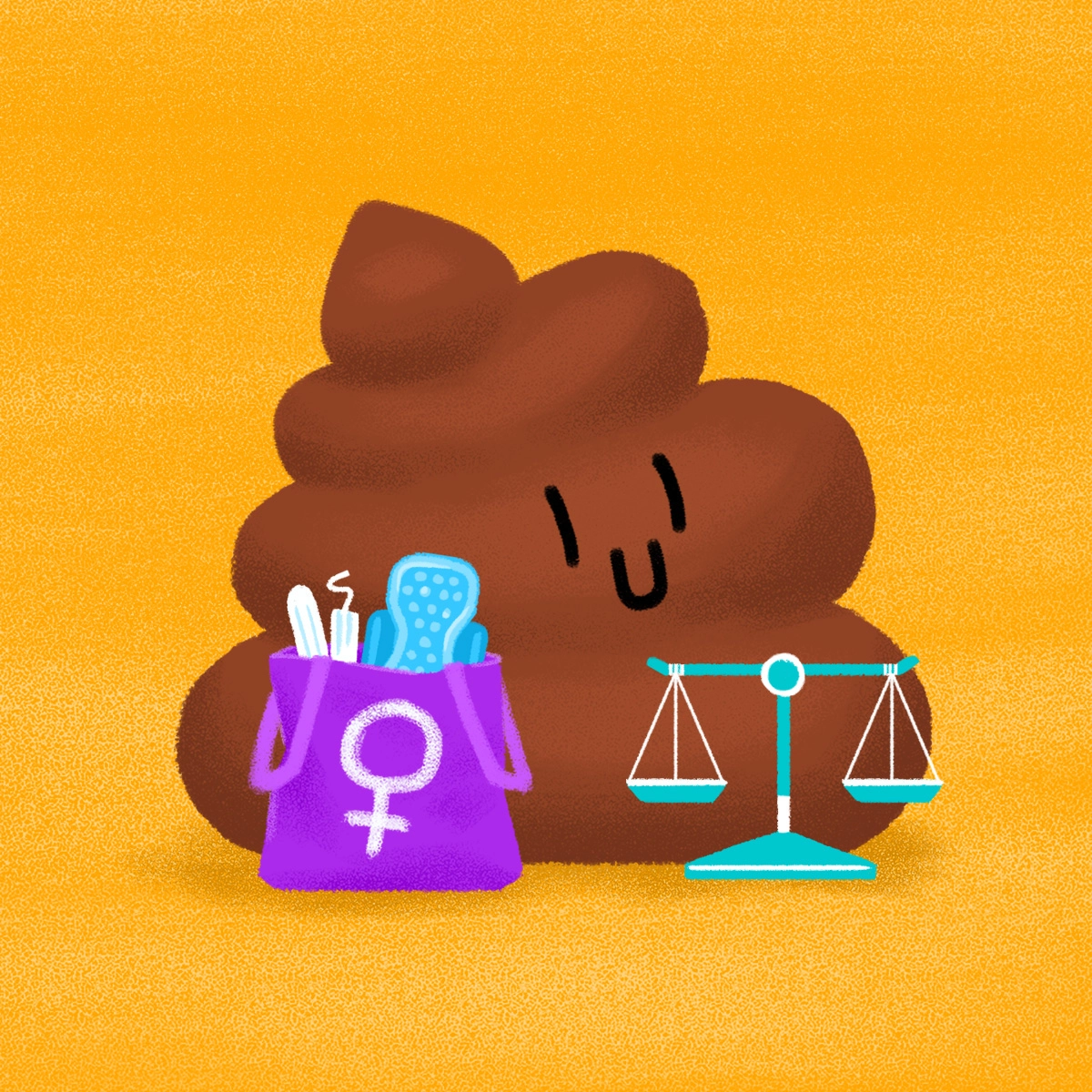 A smiling poop emoji sits beside a purple bag with the female gender symbol, containing various menstrual products, symbolizing health advocacy. A blue scale is next to them, all set against a yellow background, reminiscent of an engaging experiential marketing setup.