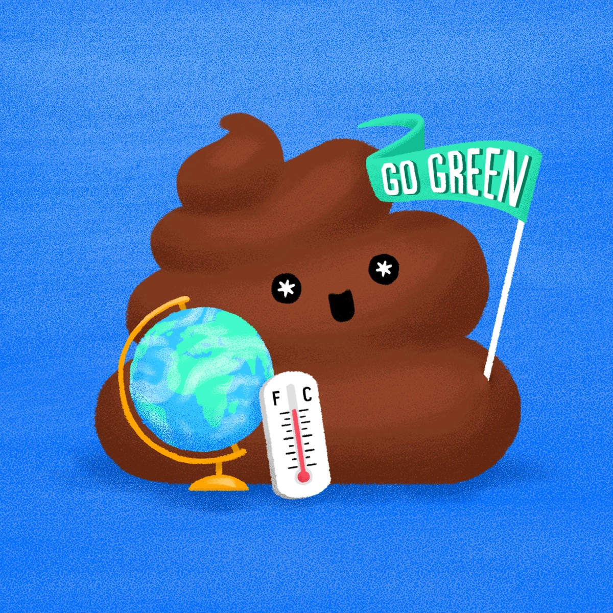 A cartoon poop with a smile holds a thermometer and a banner reading "Go Green" at the DefeatDD Event. Next to it is a small globe, creating an interactive experience against a solid blue background.