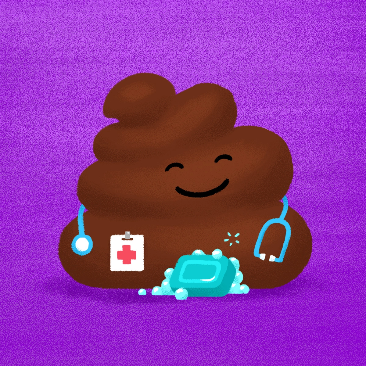 A cartoon-style smiling poop emoji, equipped with a stethoscope and clipboard featuring a red cross, joins the DefeatDD Event. It also holds a bar of soap with bubbles, all set against a vibrant purple background—showcasing experiential marketing at its quirkiest.