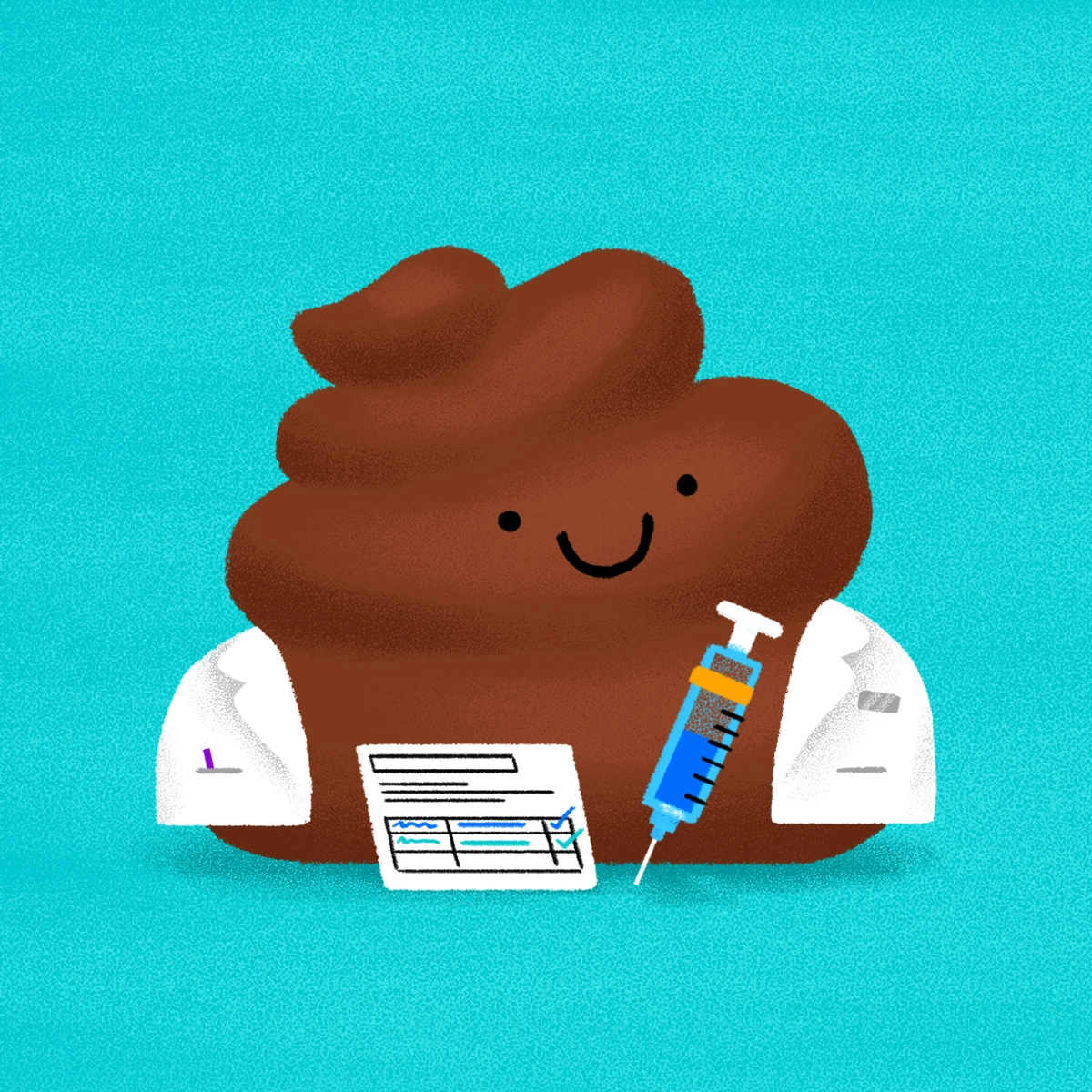 Amidst a blue backdrop, a cartoon poop dons a lab coat, clutching a syringe and checklist—an imaginative nod to health advocacy.