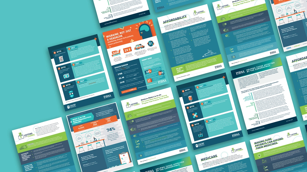 A collage of various Healthcare Communications flyers and brochures displayed on a turquoise background. The materials contain text, charts, and icons in a consistent color scheme of blue, green, and orange, covering topics like affordability, Medicare, and medication use.