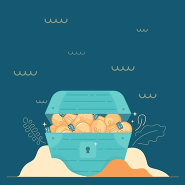 Illustration of an opened treasure chest overflowing with gold coins, perfect for tech branding. The chest rests on a sandy mound, surrounded by simple plant-like doodles with stylized waves and clouds in the blue background.