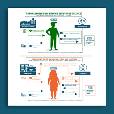 Infographic illustrating two health benefit scenarios: a cost-sharing assistance plan involving a manufacturer, pharmacy, and patient; and a discount card example involving an employer, pharmacy, and patient. Both include flowcharts with text and icons for clear healthcare communications.