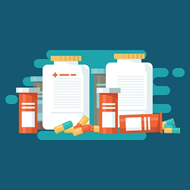 Illustration of various medication containers, including bottles and pill bottles, with some pills and capsules scattered around them, set against a teal background with an abstract design that reinforces strong healthcare communications.