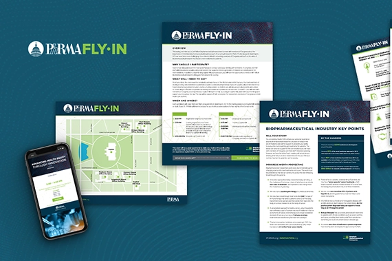 An image displays marketing materials for PhRMA Fly-In, including a detailed map, informational flyers, and a mobile phone screen showing a web page. The materials highlight key points from the biopharmaceutical industry and showcase tech branding elements integrated with the PhRMA Fly-In logo.