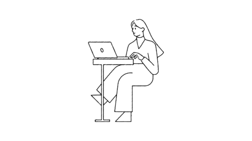 A minimalist line drawing of a person sitting at a tall desk, typing on a laptop. The individual has long hair and is dressed in casual attire, with one leg crossed over the other, creating a relaxed posture.