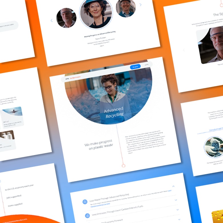 A collage of webpage screenshots displayed in a stylized pattern against a gradient blue and orange background. The images showcase various sections of the website, including pictures of people, text content, and graphical elements, highlighting advanced recycling and illustrating our web development services.