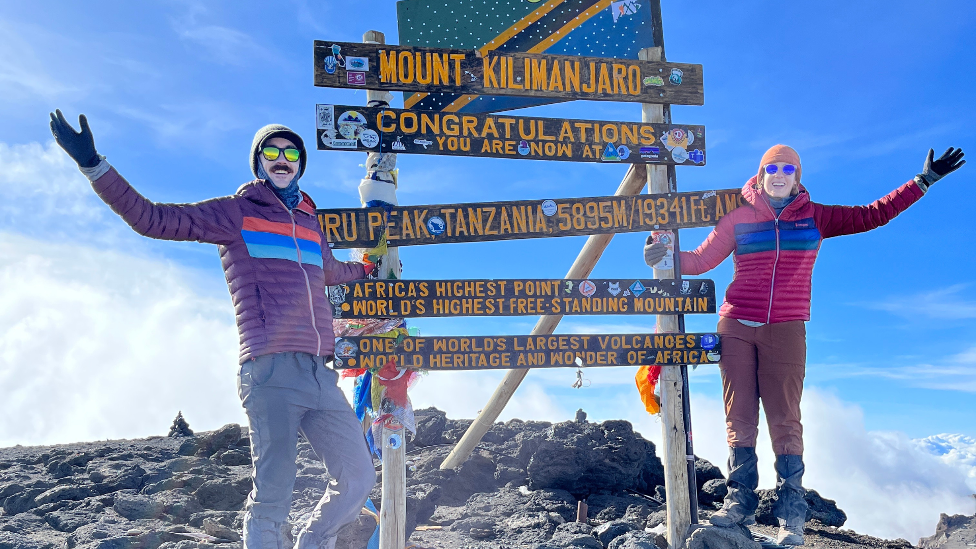 Two hikers, wearing sunglasses and warm clothing, stand on either side of the wooden sign that marks the summit of Mount Kilimanjaro. Both have their arms outstretched, celebrating their achievement. The sign lists various facts about the mountain.