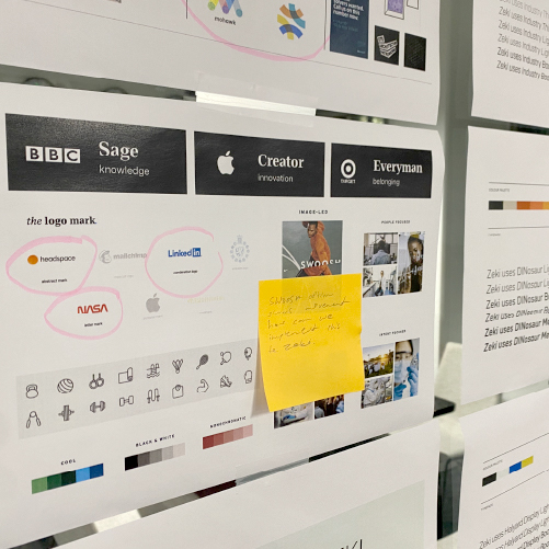 A wall with various printouts featuring logos of companies like BBC, LinkedIn, and NASA. There is a yellow sticky note with handwritten text attached to one of the sheets. The sheets showcase icon designs, logos, and brand samples.