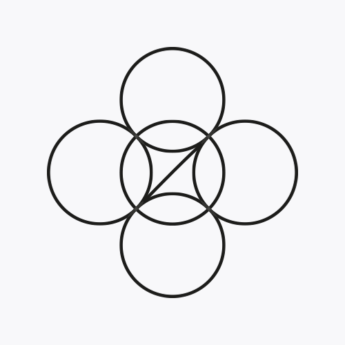 A geometric design featuring five interconnected circles. Four of the circles create a square-like arrangement with their centers. A fifth circle is placed centrally where the other four circles overlap, resulting in a symmetrical, flower-like pattern.