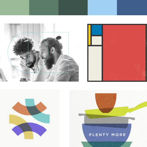 A collage of images including: two people working together on a laptop; a geometric abstract art piece with red, blue, yellow, and white rectangles; a colorful overlapping semicircles design; and a stylized illustration featuring bowls and the text "Plenty More.