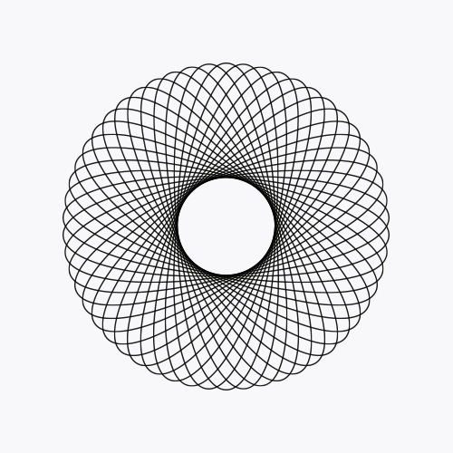 A black geometric spiral pattern forms a circular design with a white center. The pattern consists of evenly spaced, overlapping curved lines creating a complex, symmetrical shape reminiscent of a spirograph drawing, set against a white background.