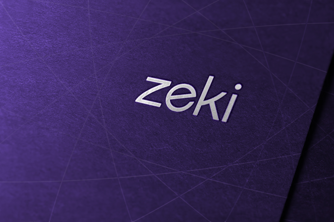 Text "zeki" in white letters on a dark purple background with subtle geometric line patterns.