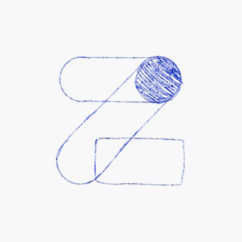 A minimalistic line drawing in blue ink shows an abstract design featuring a rounded rectangle, a circle, and a partial loop that connects the two shapes. The drawing appears to be sketched roughly but with smooth, continuous lines.