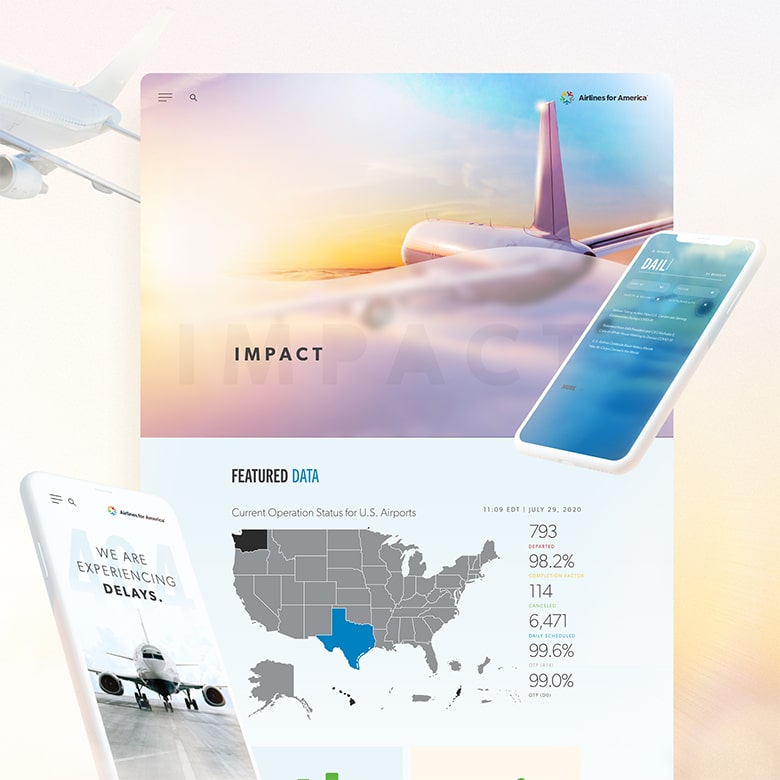 An image depicting a travel-themed website interface with an airplane in the background. It showcases various app screens highlighting features like "Impact," operational status of U.S. airports on a map, and a delay notification. Created in collaboration with our web development services, the color scheme is light and airy.