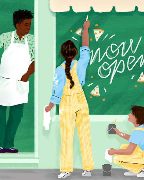 An illustration depicts three people preparing a store for opening. Two in yellow overalls paint "Now Open" on a green awning with pizza slice illustrations. Another person in a white apron stands at the door, observing and smiling. These cultural illustrations capture community spirit and economic impact at its core.