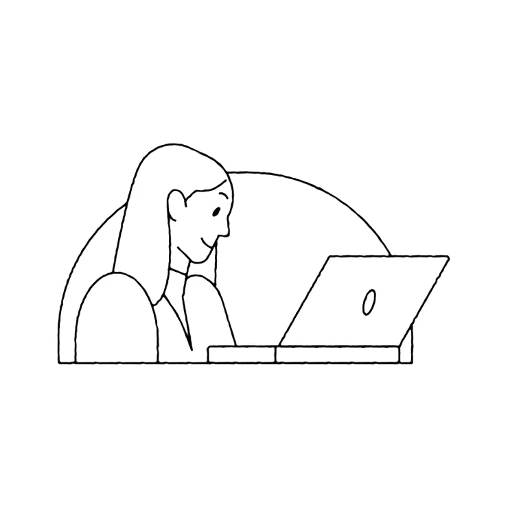 A black and white line drawing of a person with long hair sitting at a desk, smiling, and working on a laptop. The individual appears to be focused on the laptop screen. There is a half-circle in the background.