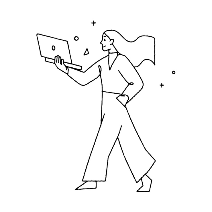 A minimalist line drawing of a person casually walking while holding a laptop. The person has long hair flowing behind them and appears to be wearing a long-sleeved shirt and wide-leg pants. Small geometric shapes and stars surround them.