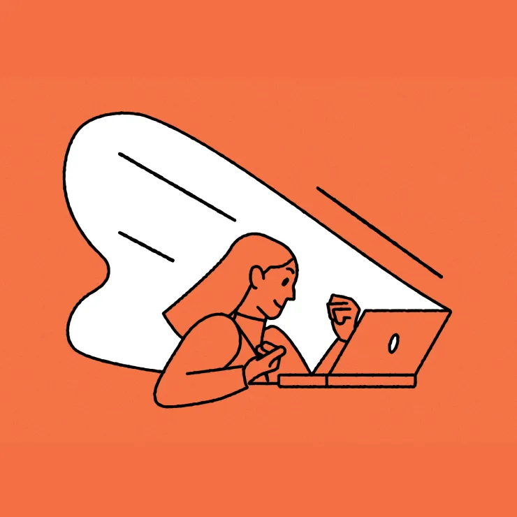 Illustration of a person with long hair sitting at a desk, confidently working on a laptop with an excited expression. The background is orange, and there is a dynamic white shape behind them, giving a sense of movement and energy.