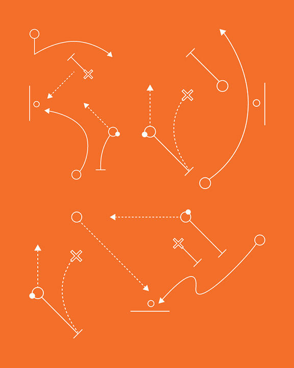 An illustration of various football play diagrams on an orange background. The diagram depicts strategic formations using lines, Xs, Os, and arrows to represent player movements and routes.