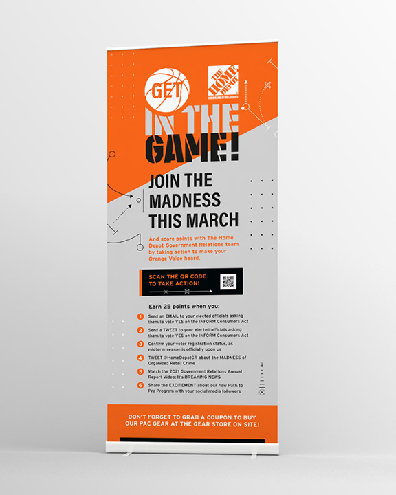 An orange and gray promotional banner stands on a white background. The banner features text about joining a March campaign, earning points, and scanning a QR code to take action. It also includes logos of partnering brands and a reminder to grab a coupon.
