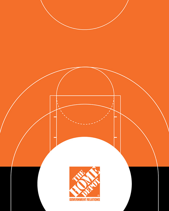 Illustration of a basketball court viewed from above. The court is predominantly orange with white lines marking the key, free-throw line, and three-point arc. The Home Depot logo with "Government Relations" caption is placed in the center circle.