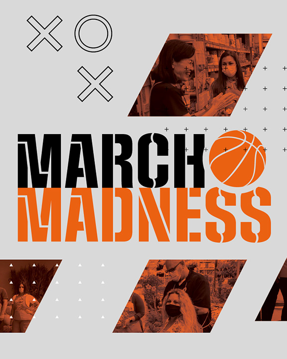Promotional image for "March Madness" with photos of various people in orange-tinted sections. The text "March Madness" is prominent, with "Madness" in orange and a basketball replacing the "A." White x's and dots decorate the grey background.