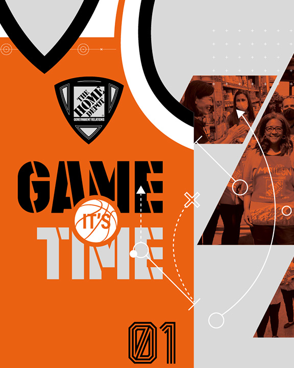 Orange sports jersey with "GAME TIME" in bold text and a Home Depot Community Relations logo, layered over an image of people shopping. White lines and arrows are overlaid on the image, and the number "01" is at the bottom.