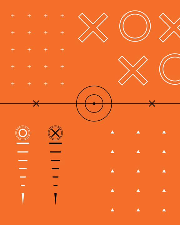 An abstract orange composition features various geometric elements, including white and black X's, O's, lines, circles with dots, plus signs, and triangles. Vertical lines with circles and X's at the top and varying line lengths are present in the lower section.