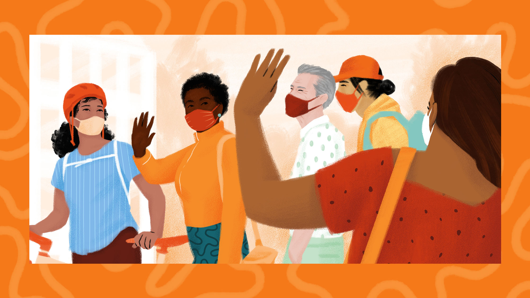 Illustration of five people wearing masks, waving at each other against an orange background with abstract patterns. They appear to be greeting or saying goodbye, with one person in a red shirt and others dressed in various vibrant colors.