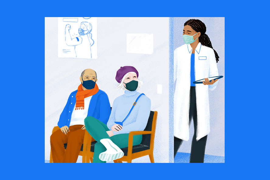 A digital illustration depicts two older adults wearing masks seated in a waiting room, one with an orange scarf and the other with a purple headscarf. A masked healthcare worker in a white coat holds a clipboard while entering the room.