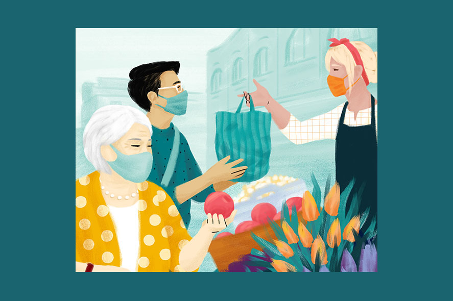 An illustration of three masked people at a market. An older woman with white hair inspects a fruit, a man with dark hair receives a bag from a vendor with blonde hair. Colorful flowers are arranged in the foreground, and buildings are visible in the background.