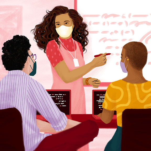 An illustration shows a teacher in a pink dress and mask pointing at a whiteboard with a red marker. Two students in masks sit facing her, holding laptops. The background includes a desk and a wall with abstract shapes and lines.