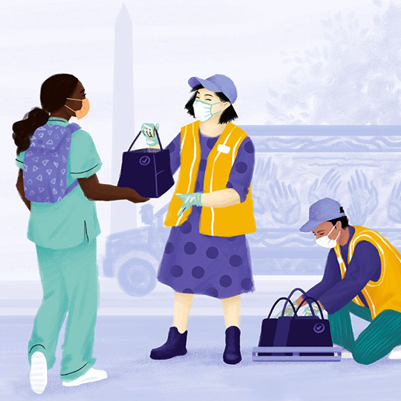 An illustration of two volunteers, wearing yellow vests and face masks, distributing bags to a woman in scrubs with a backpack. One volunteer, standing, hands a bag to the woman, while the other volunteer, kneeling, organizes additional bags on the ground.