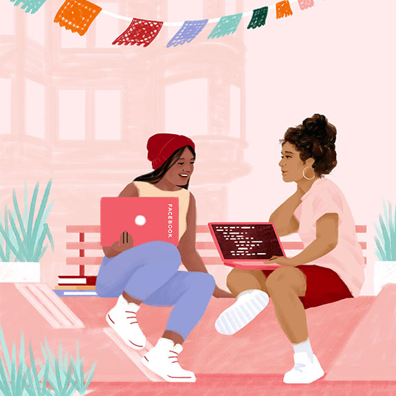 Illustration of two women sitting on a bench outdoors, each with a laptop. One woman wears a red beanie and the other has her hair in a bun. A string of colorful flags hangs above them, and books are stacked next to the bench. They appear to be chatting.