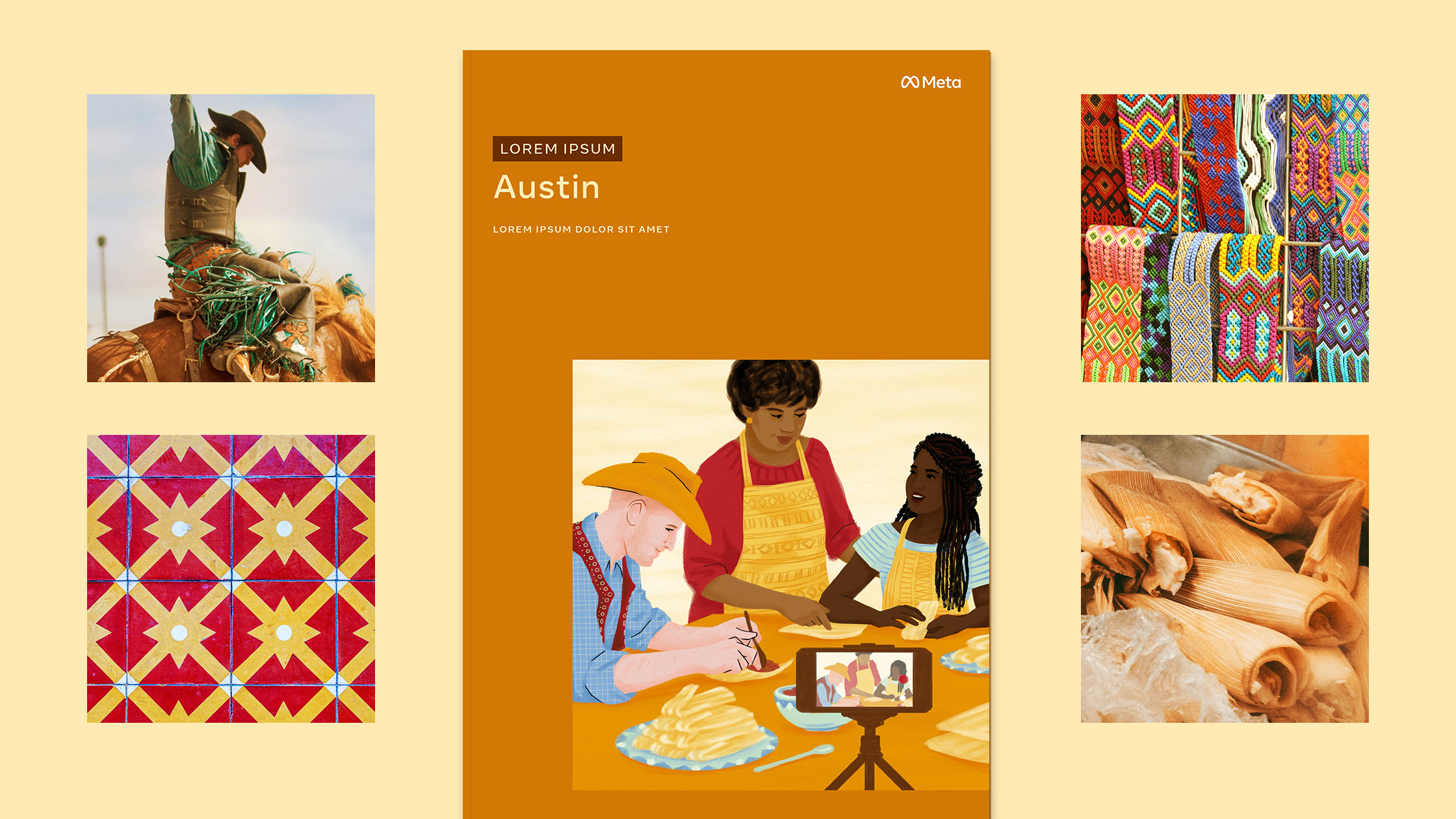 A vibrant digital collage featuring a central artwork of two adults and a child cooking, surrounded by smaller images of a cowboy, colorful textiles, a plate of tamales, and a geometric pattern. The central image is labeled "Austin" and includes the text "Lorem Ipsum.