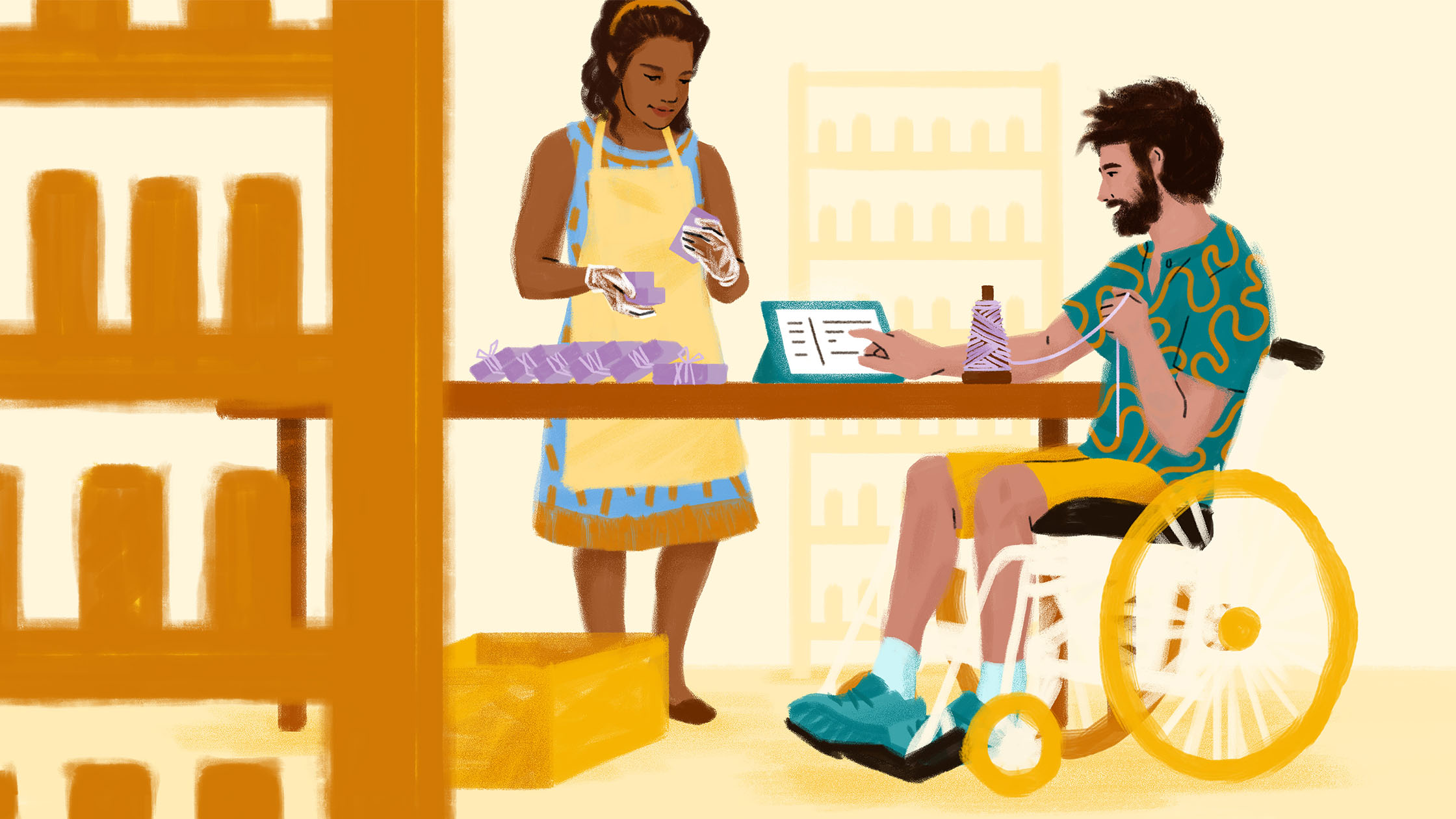 Illustration of a woman and a man in a wheelchair working together in a kitchen. The woman is arranging purple cups on a tray, while the man is looking at a tablet on the table. Shelves filled with jars and bottles are seen in the background.