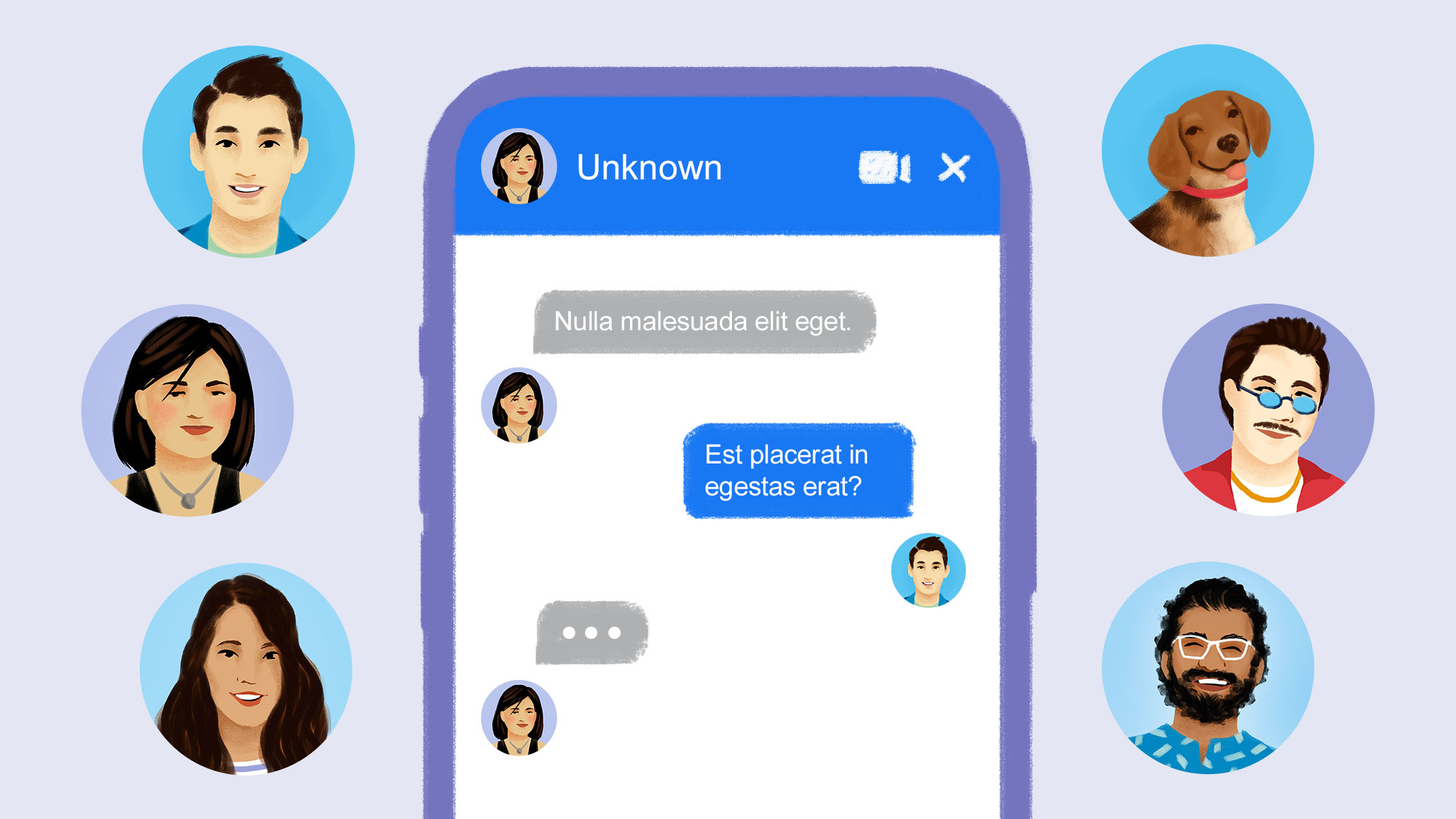 A smartphone screen displays a chat with "Unknown" at the top. Text messages are in Latin. Surrounding the phone are six avatars: three men, two women, and a dog. Each avatar is in a circular frame with a blue background. They are all illustrated in a cartoon style.