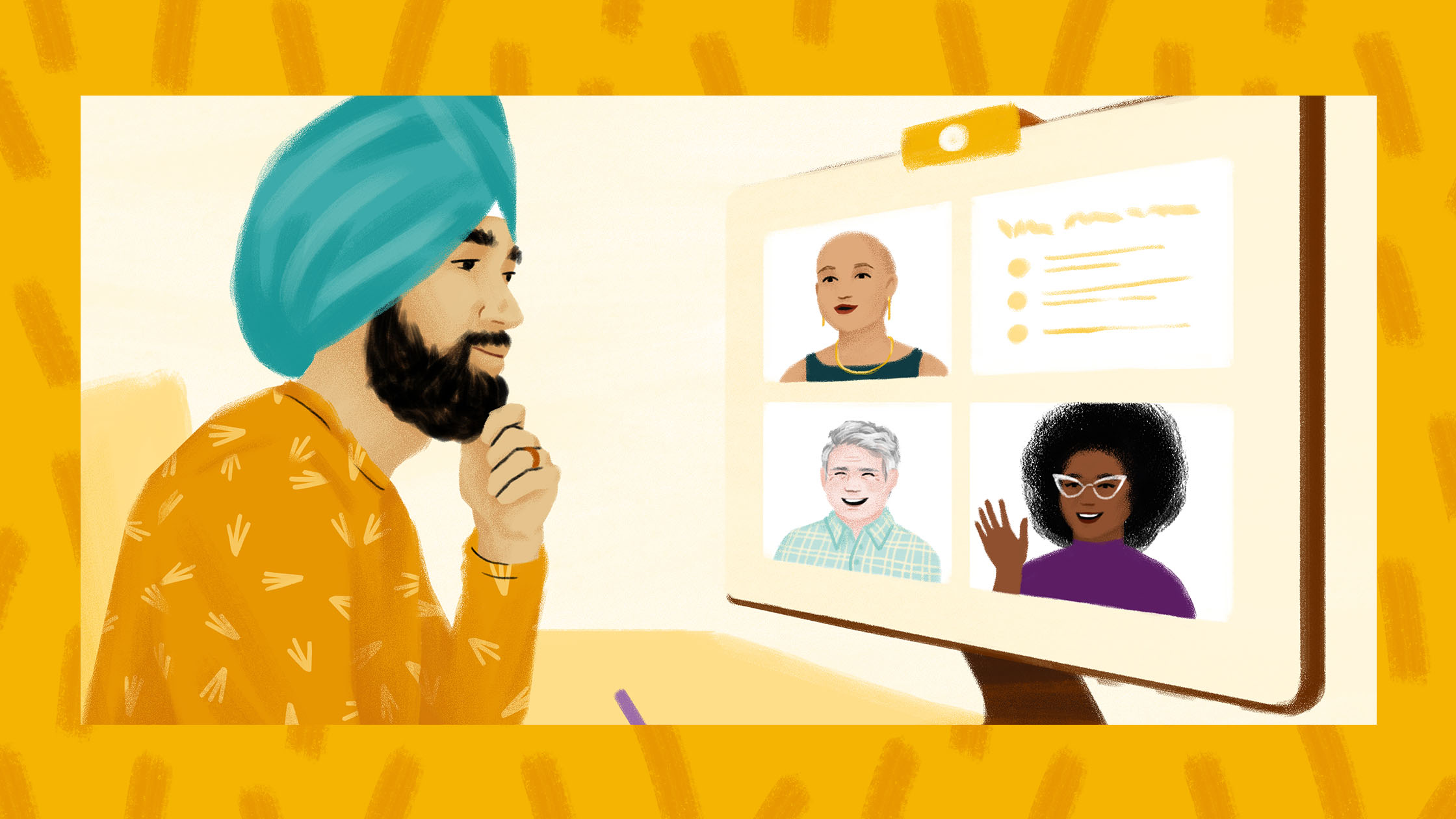 Illustration of a man wearing an orange shirt and blue turban engaging in a video call with three people on his computer screen: a bald person, an older person with gray hair, and a person with curly hair and glasses waving. The background is yellow.