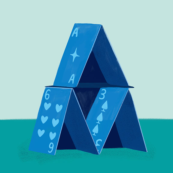 Illustration of a blue house of cards on a green and light blue background. The cards forming the structure display an ace of spades, a six of hearts, and a three of spades. The house is composed of two levels, with the top level having a single card.