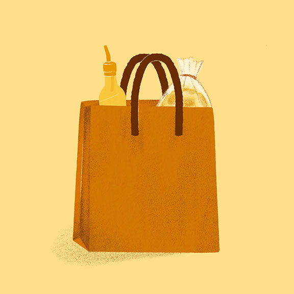 Illustration of a brown paper bag with dark handles, filled with a bottle of oil and a loaf of bread. The background is a solid light yellow color.