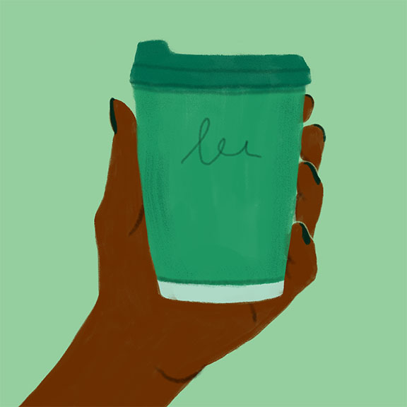 Illustrated image of a hand holding a teal reusable coffee cup against a matching teal background. The hand is shown in a simple, stylized manner, with dark-painted nails, and the cup has a closed lid, suggesting it is ready for takeaway.